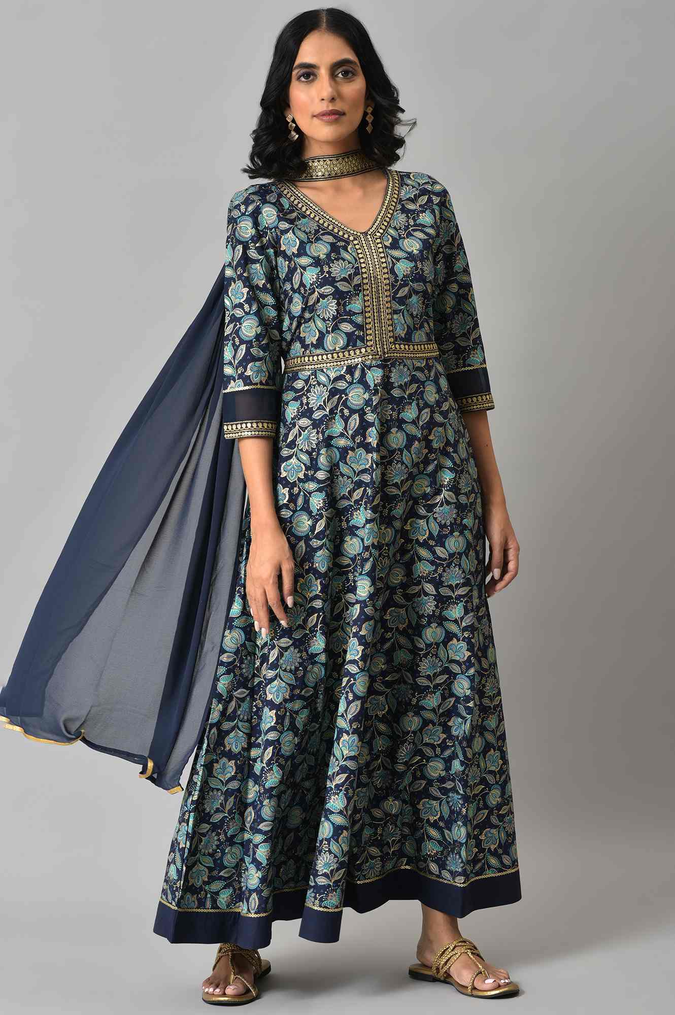 Blue Floral Printed With Zari Embroidery Liva Dress And Dupatta