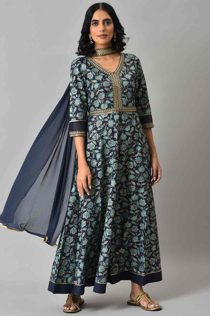 Blue Floral Printed with Zari Embroidery LIVA Dress and Dupatta