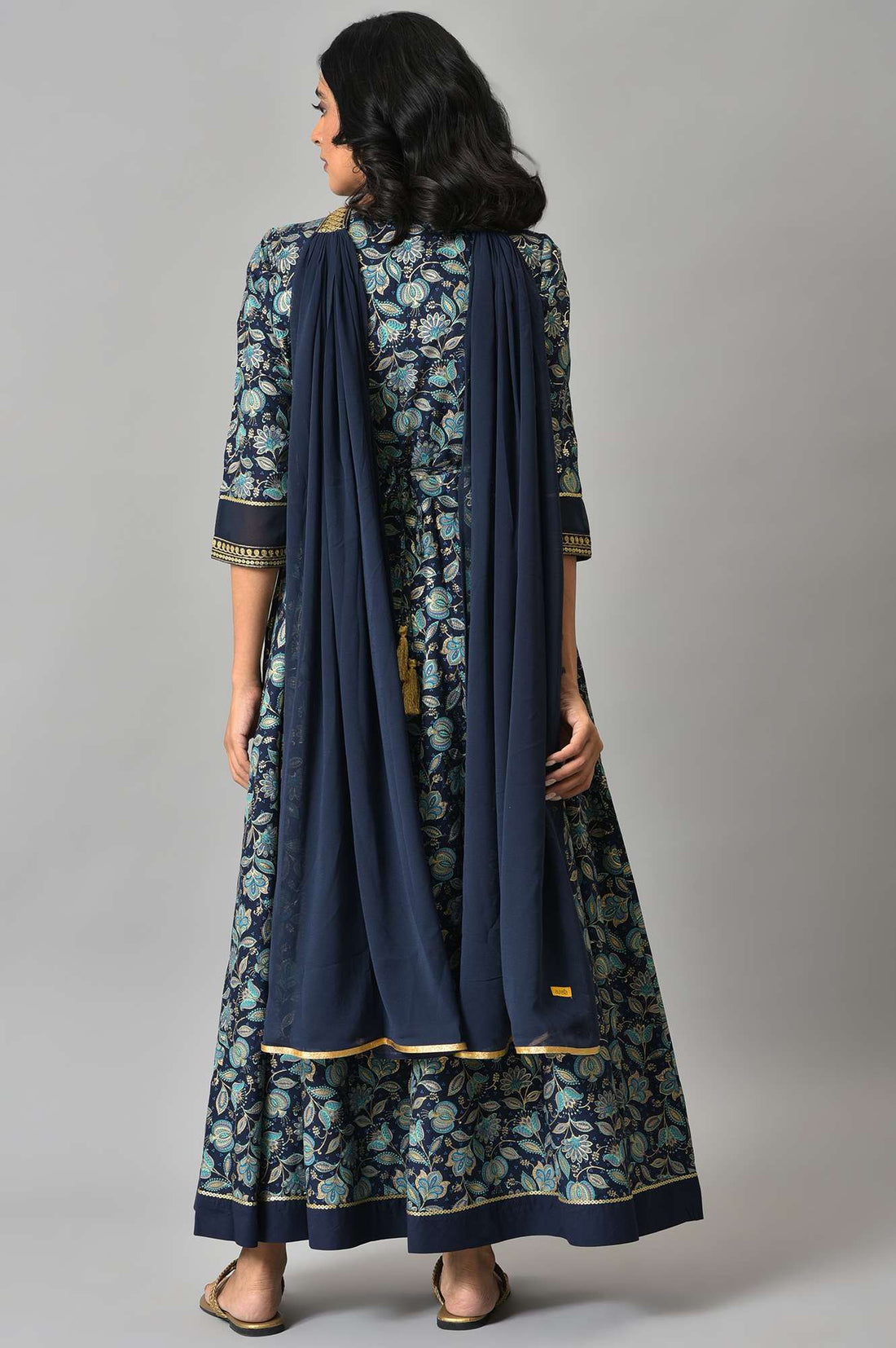 Blue Floral Printed with Zari Embroidery Liva Dress and Dupatta Set