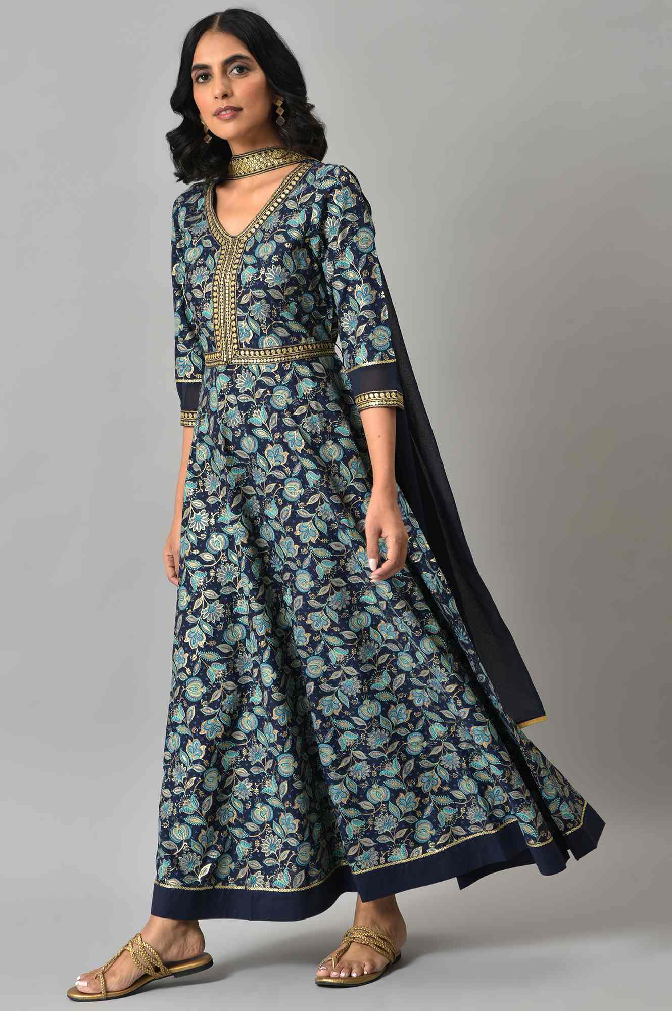 Blue Floral Printed With Zari Embroidery Liva Dress And Dupatta