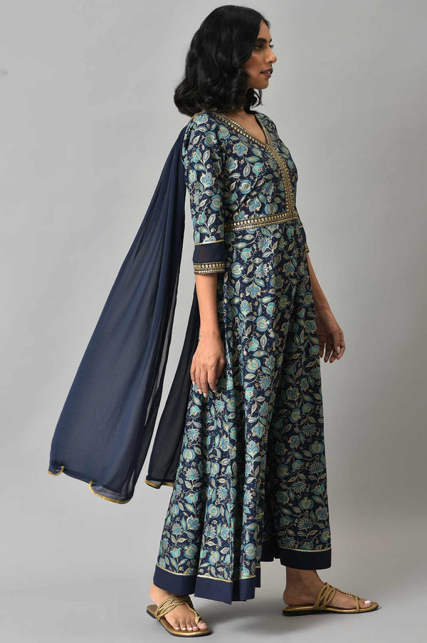 Blue Floral Printed with Zari Embroidery Liva Dress and Dupatta Set