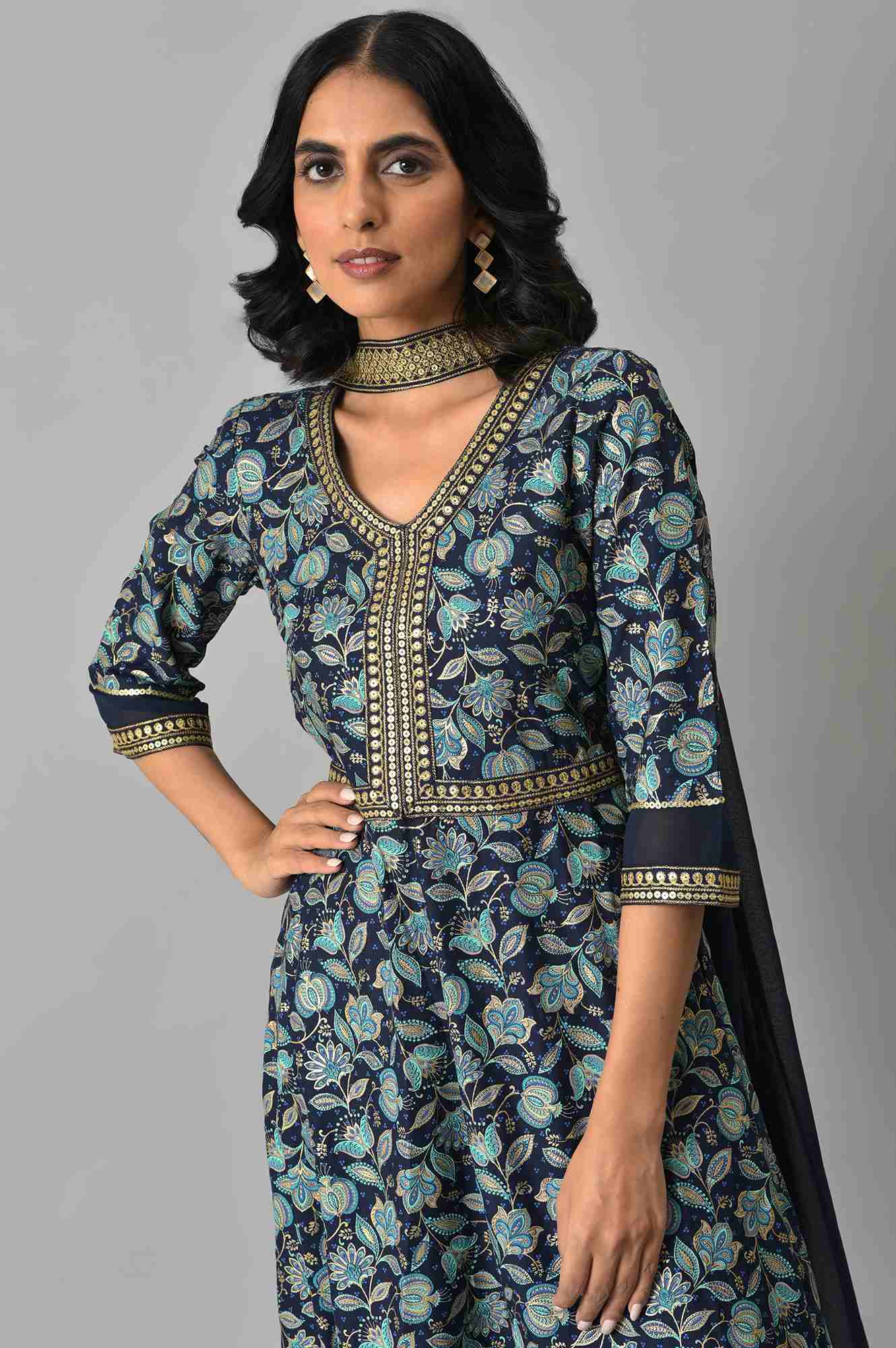 Blue Floral Printed With Zari Embroidery Liva Dress And Dupatta