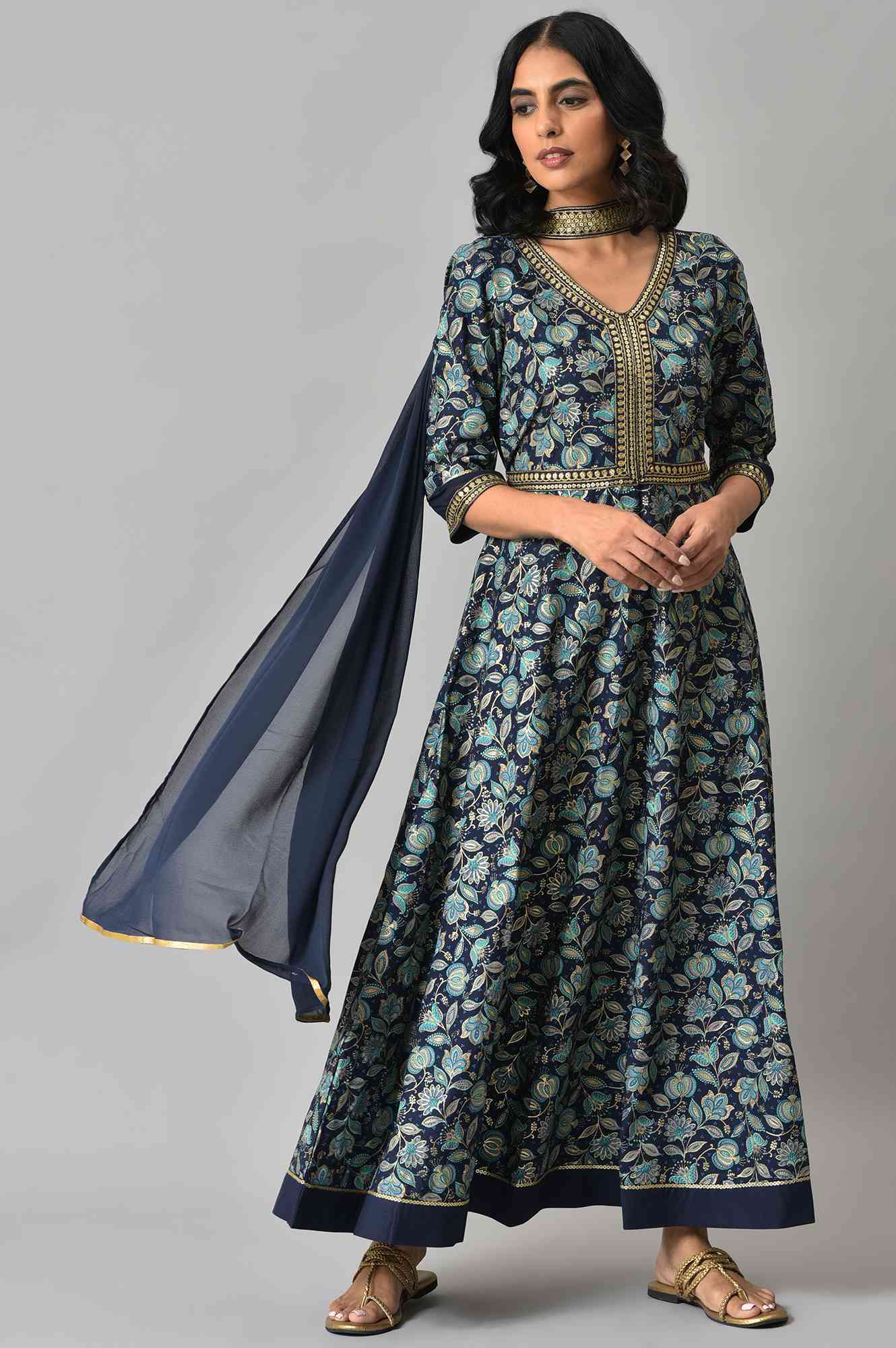 Blue Floral Printed With Zari Embroidery Liva Dress And Dupatta