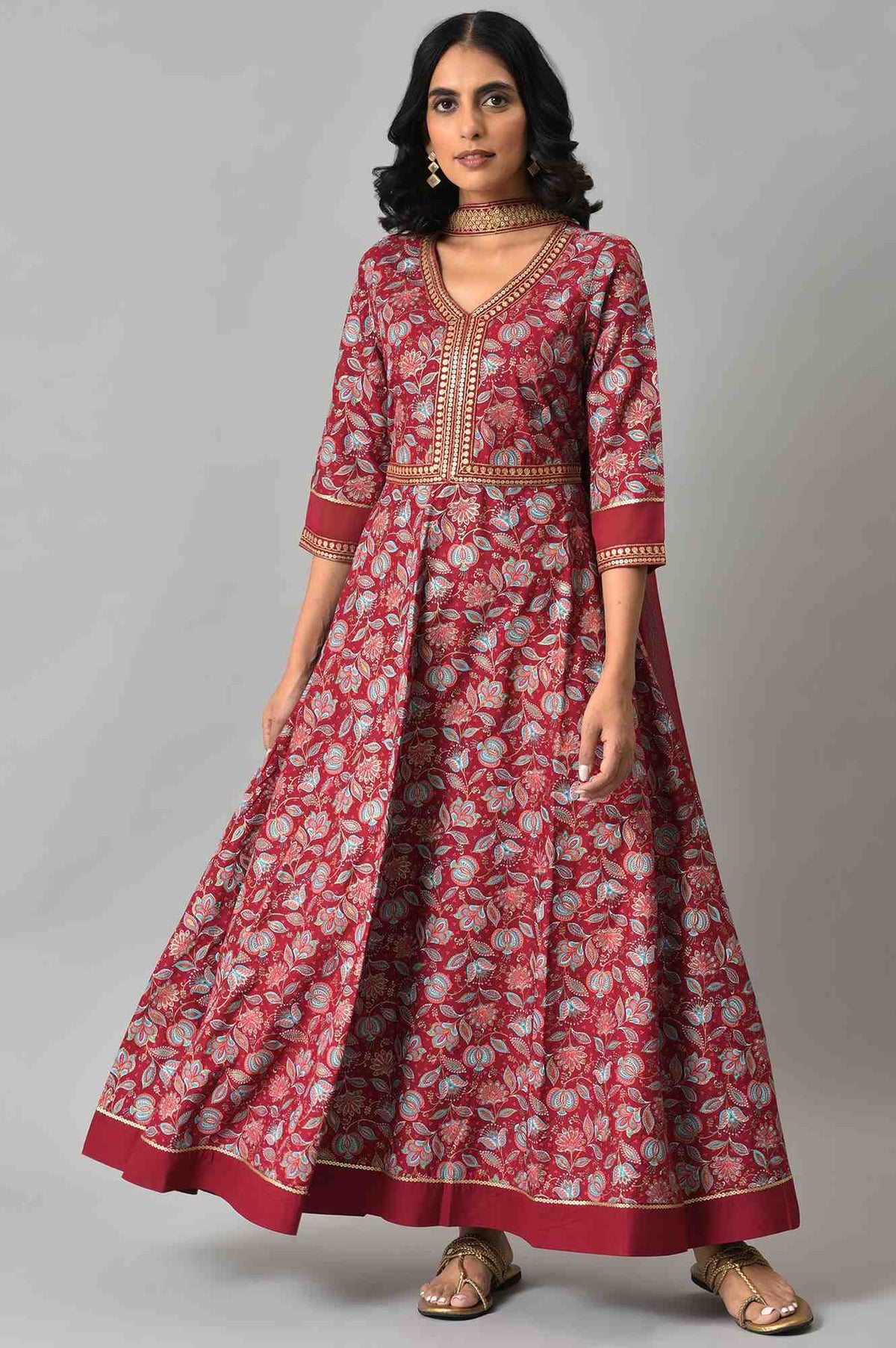 Maroon Floral Printed with Zari Embroidery Liva Dress and Dupatta Set - XS
