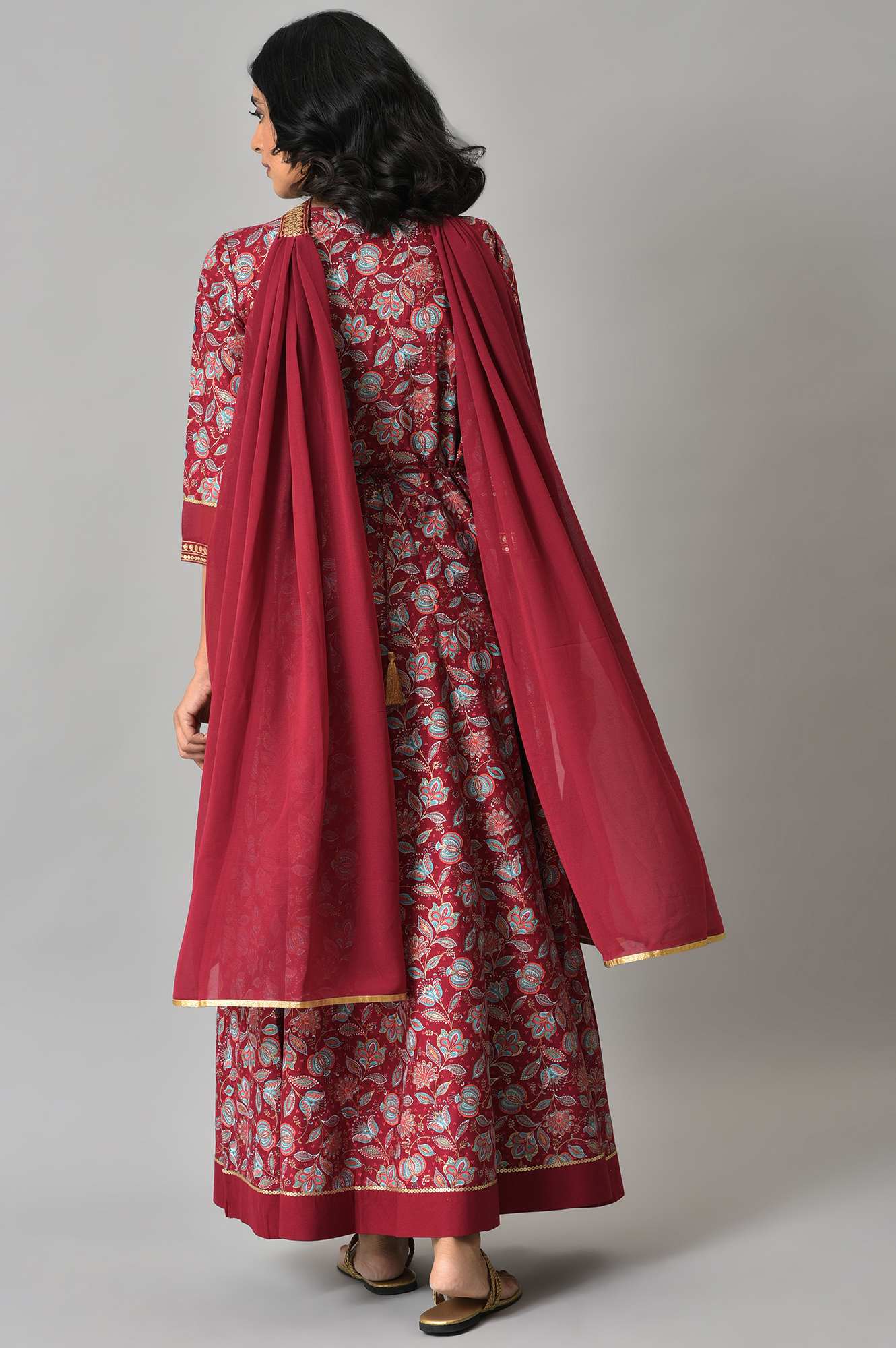 Maroon Floral Printed with Zari Embroidery LIVA Dress and Dupatta