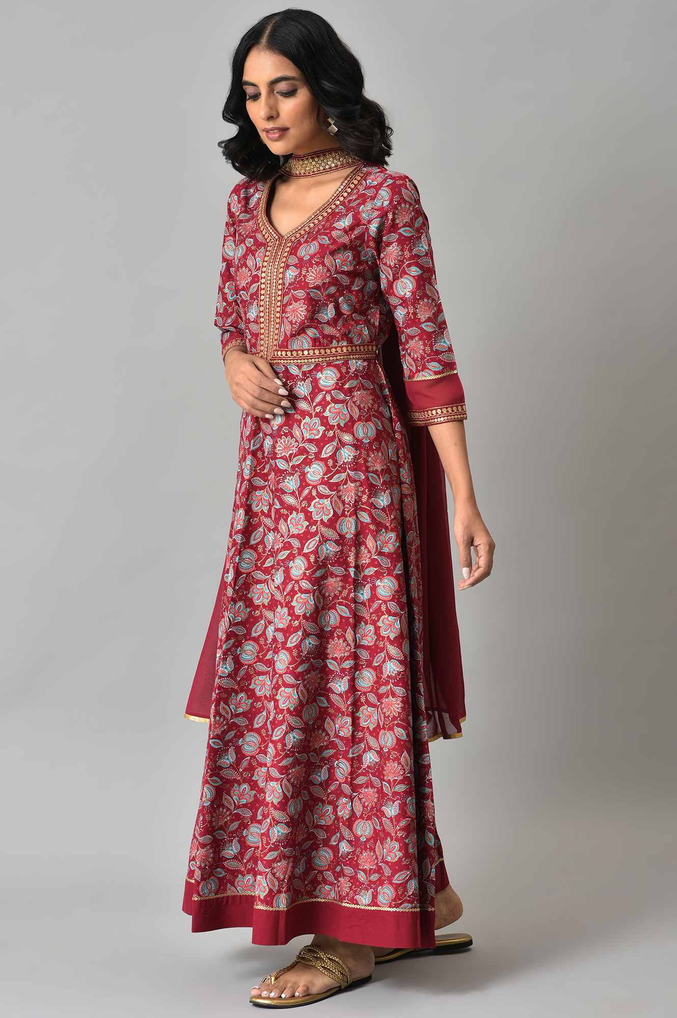 Maroon Floral Printed With Zari Embroidery Liva Dress And Dupatta