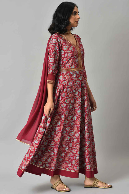 Maroon Floral Printed With Zari Embroidery Liva Dress And Dupatta