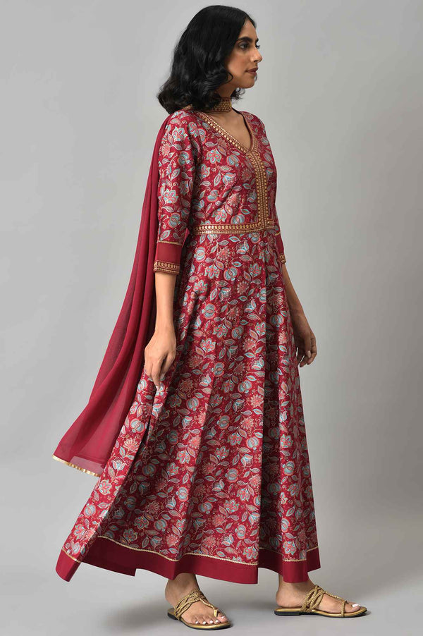 Maroon Floral Printed with Zari Embroidery Liva Dress and Dupatta Set