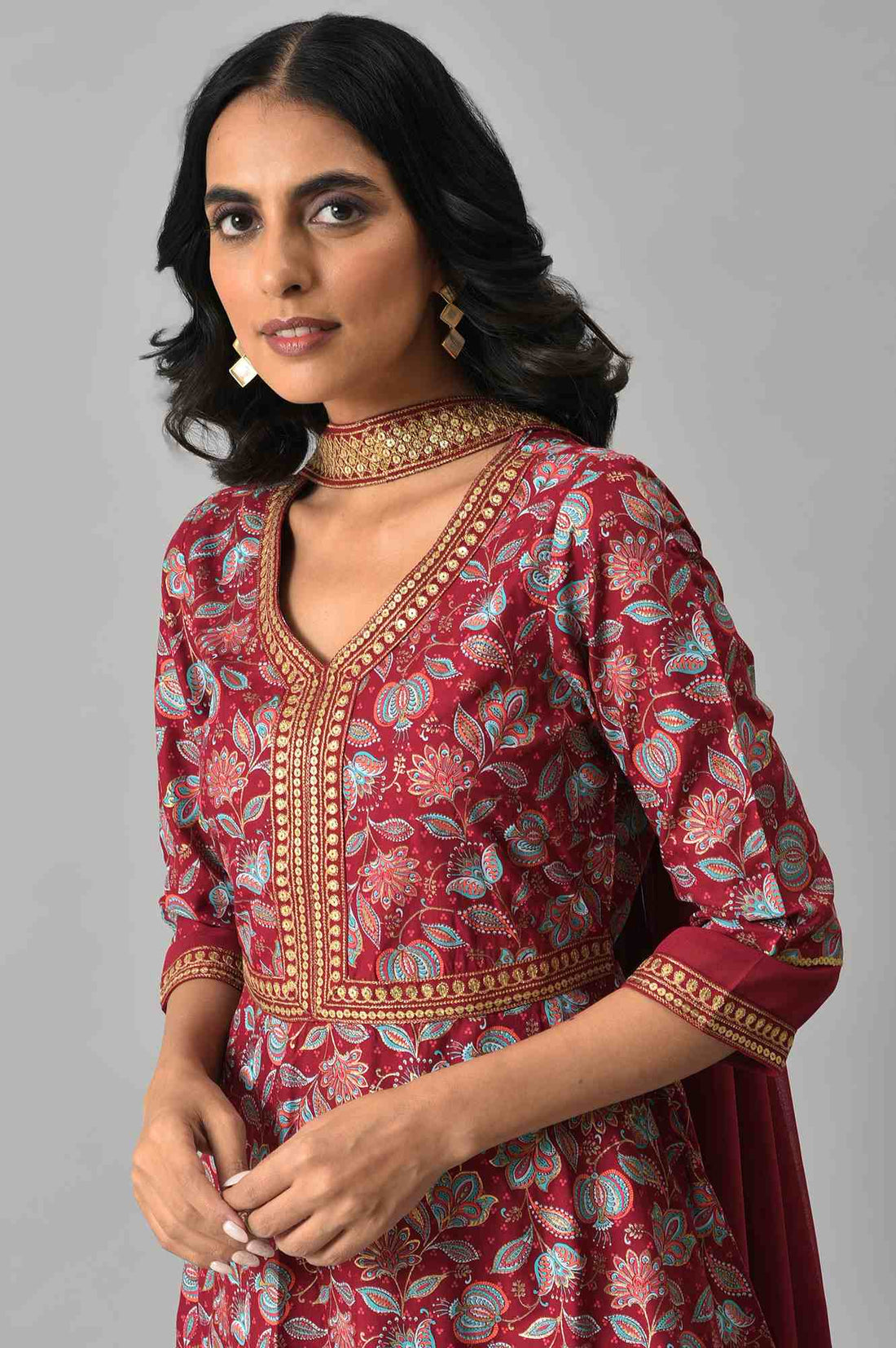 Maroon Floral Printed with Zari Embroidery Liva Dress and Dupatta Set