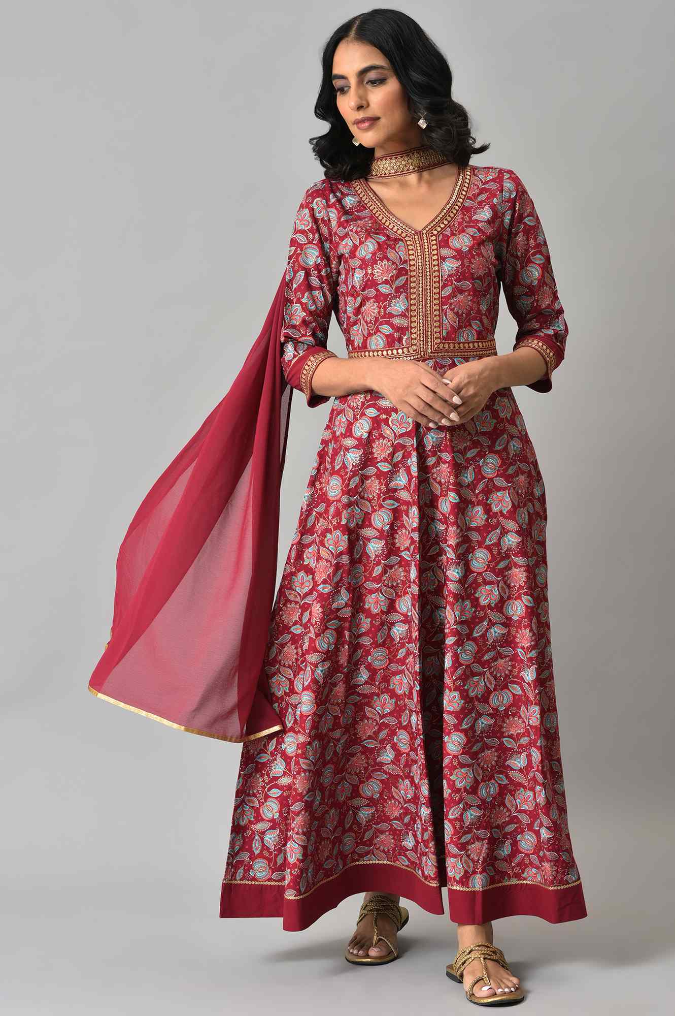 Maroon Floral Printed with Zari Embroidery LIVA Dress and Dupatta