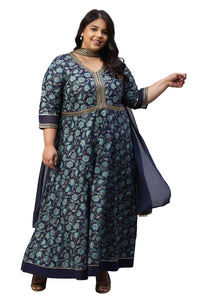 LIVA Blue Floral Printed Dress with Embroidered Dupatta