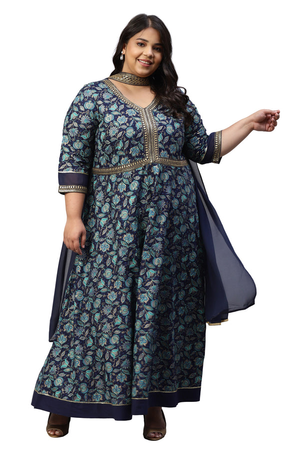 LIVA Blue Floral Printed Dress with Embroidered Dupatta