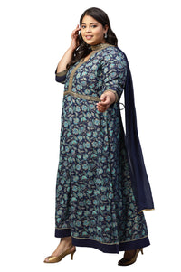 LIVA Blue Floral Printed Dress with Embroidered Dupatta