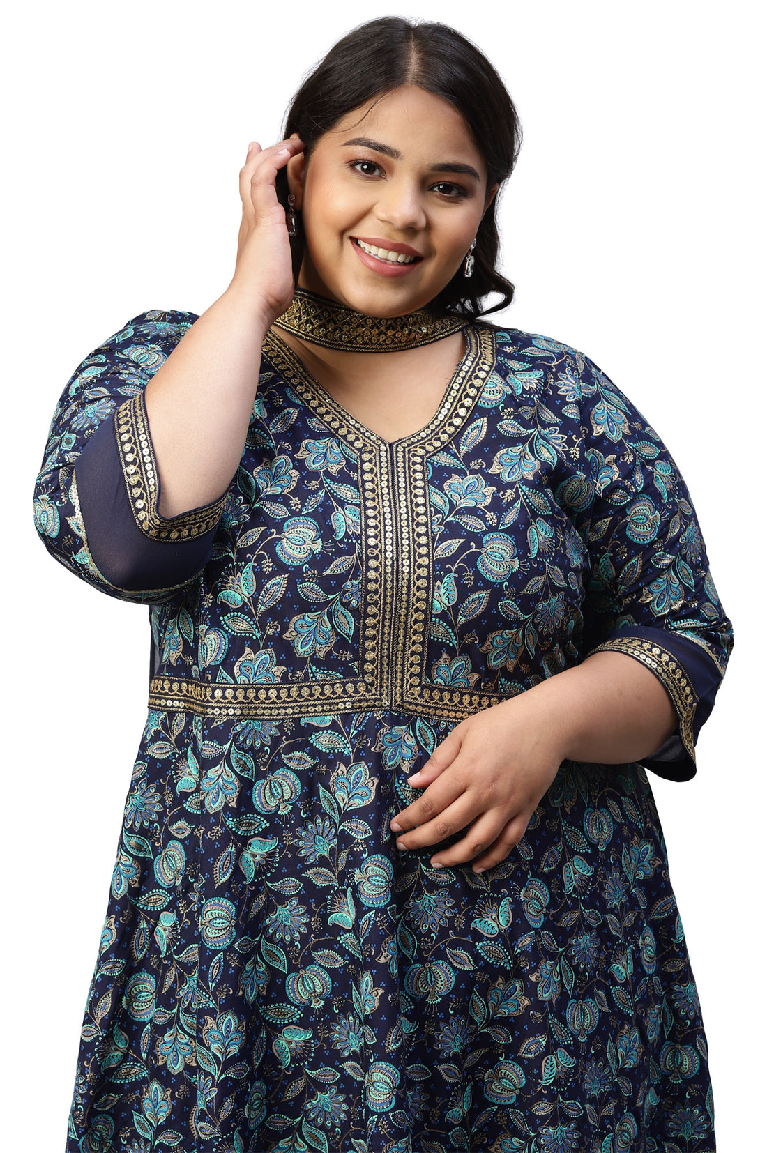 LIVA Blue Floral Printed Dress with Embroidered Dupatta