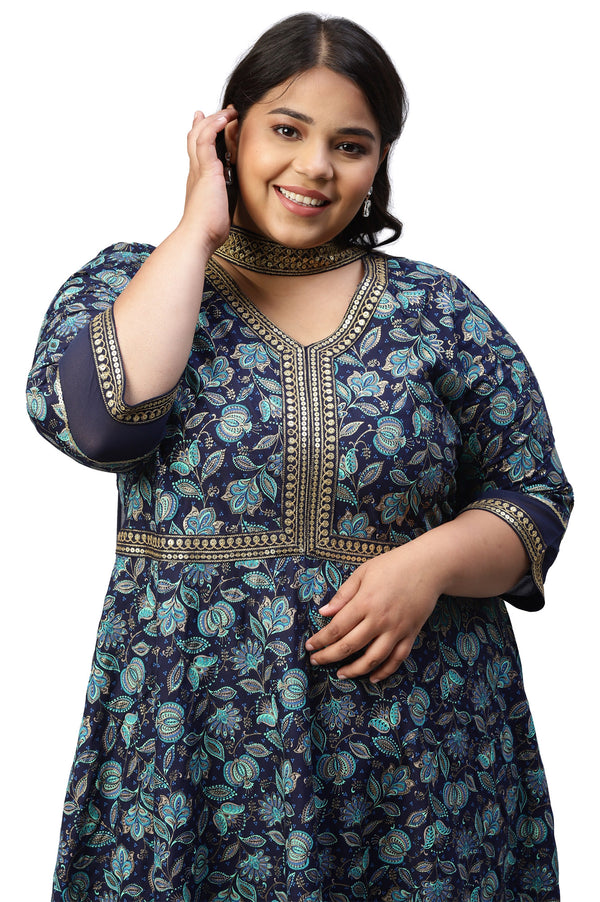 LIVA Blue Floral Printed Dress with Embroidered Dupatta
