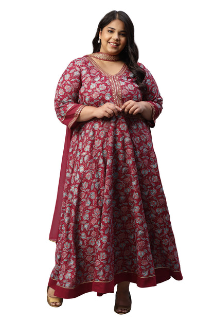 LIVA Maroon Floral Printed Dress with Embroidered Dupatta