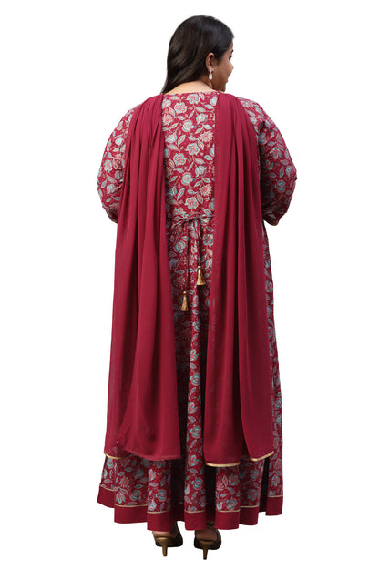 LIVA Maroon Floral Printed Dress with Embroidered Dupatta