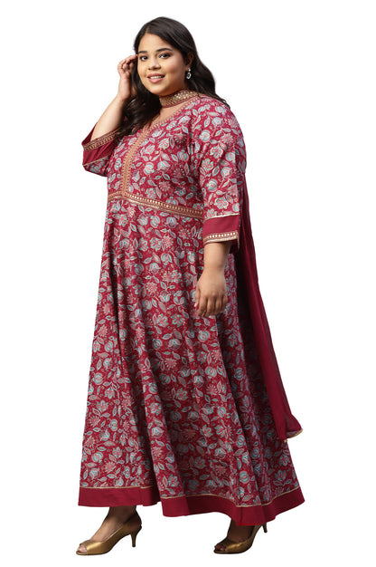 LIVA Maroon Floral Printed Dress with Embroidered Dupatta