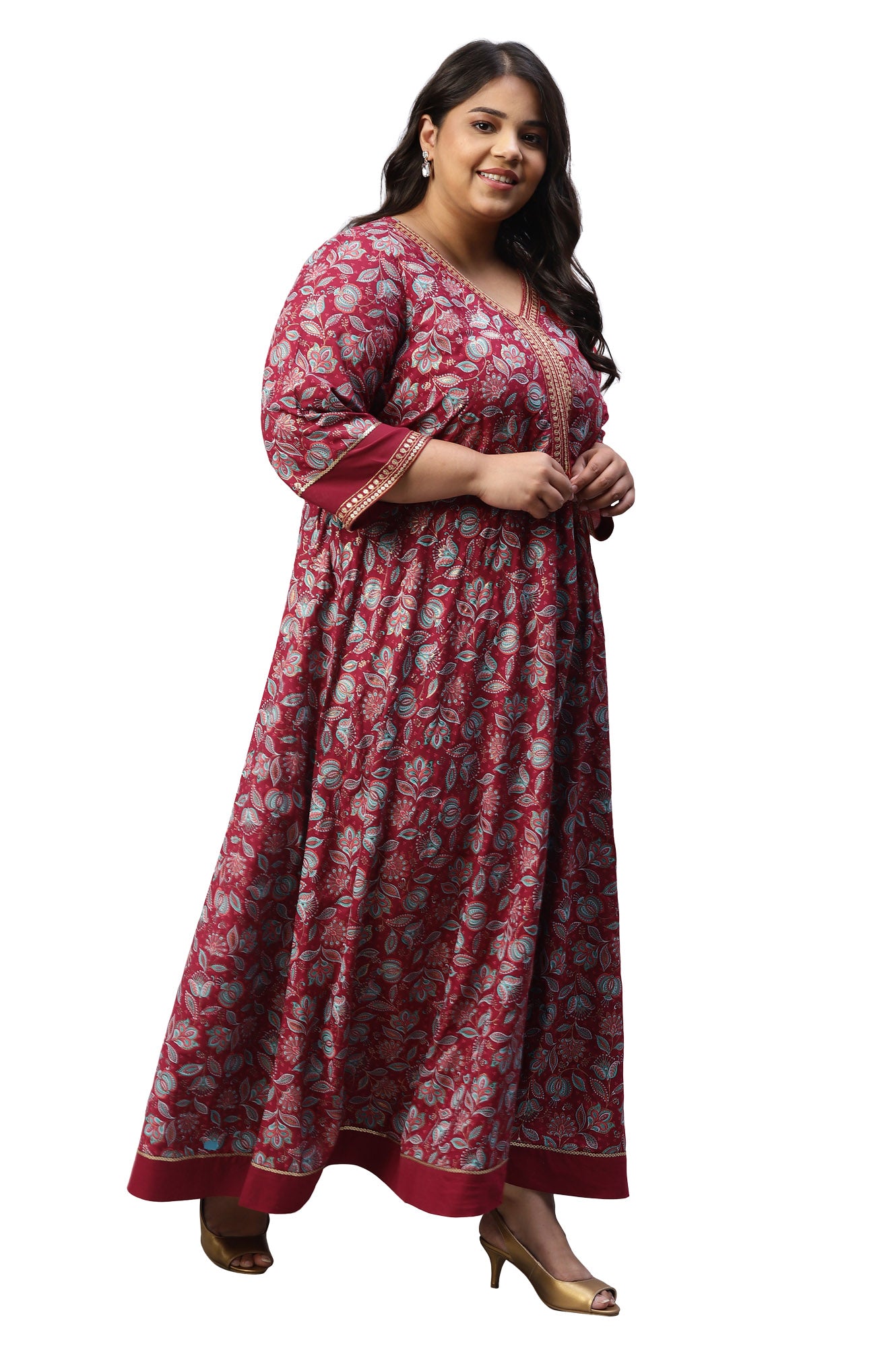 LIVA Maroon Floral Printed Dress with Embroidered Dupatta