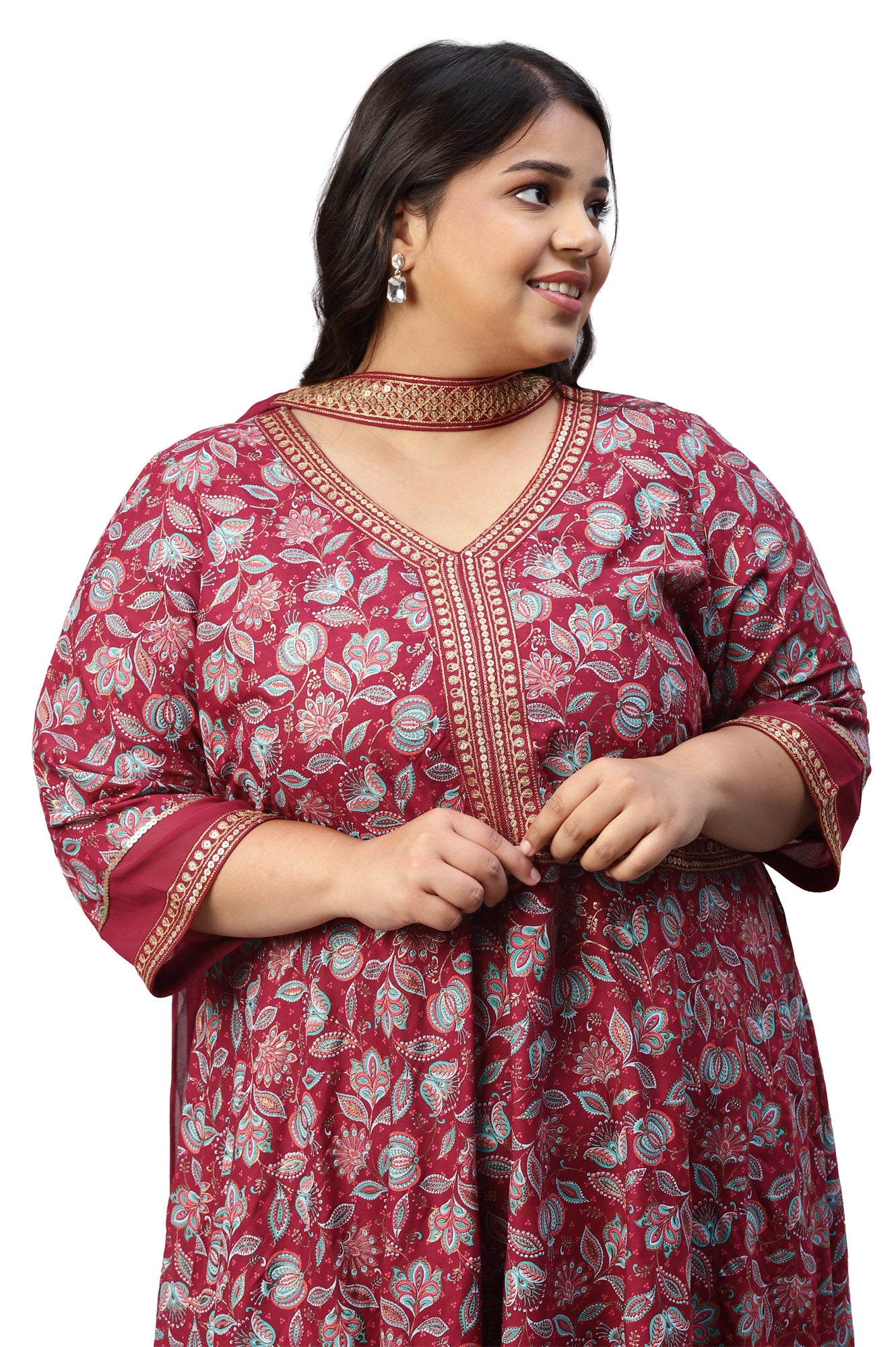 LIVA Maroon Floral Printed Dress with Embroidered Dupatta