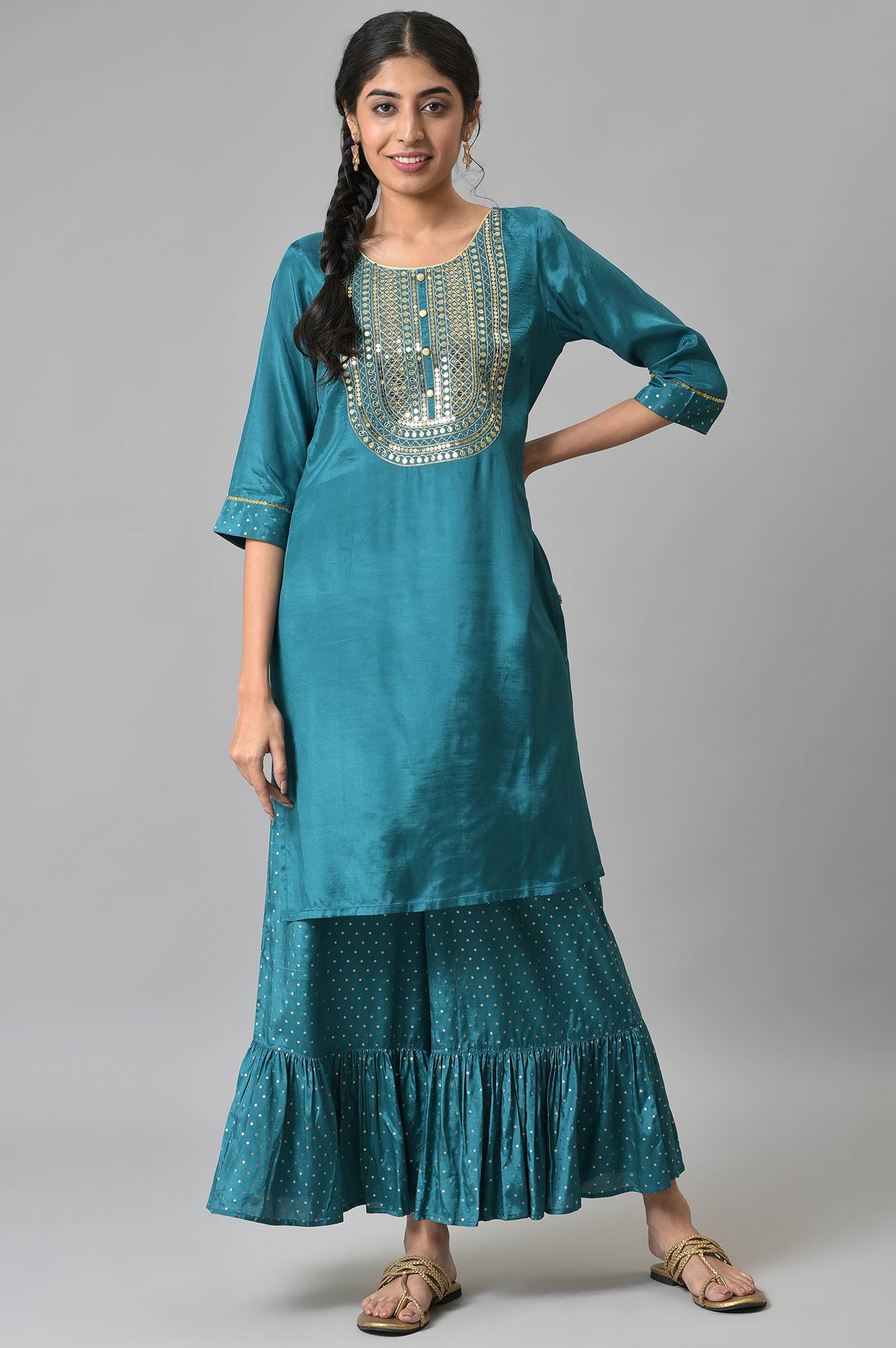 Green Shantung LIVA kurta with Gathered Sharara