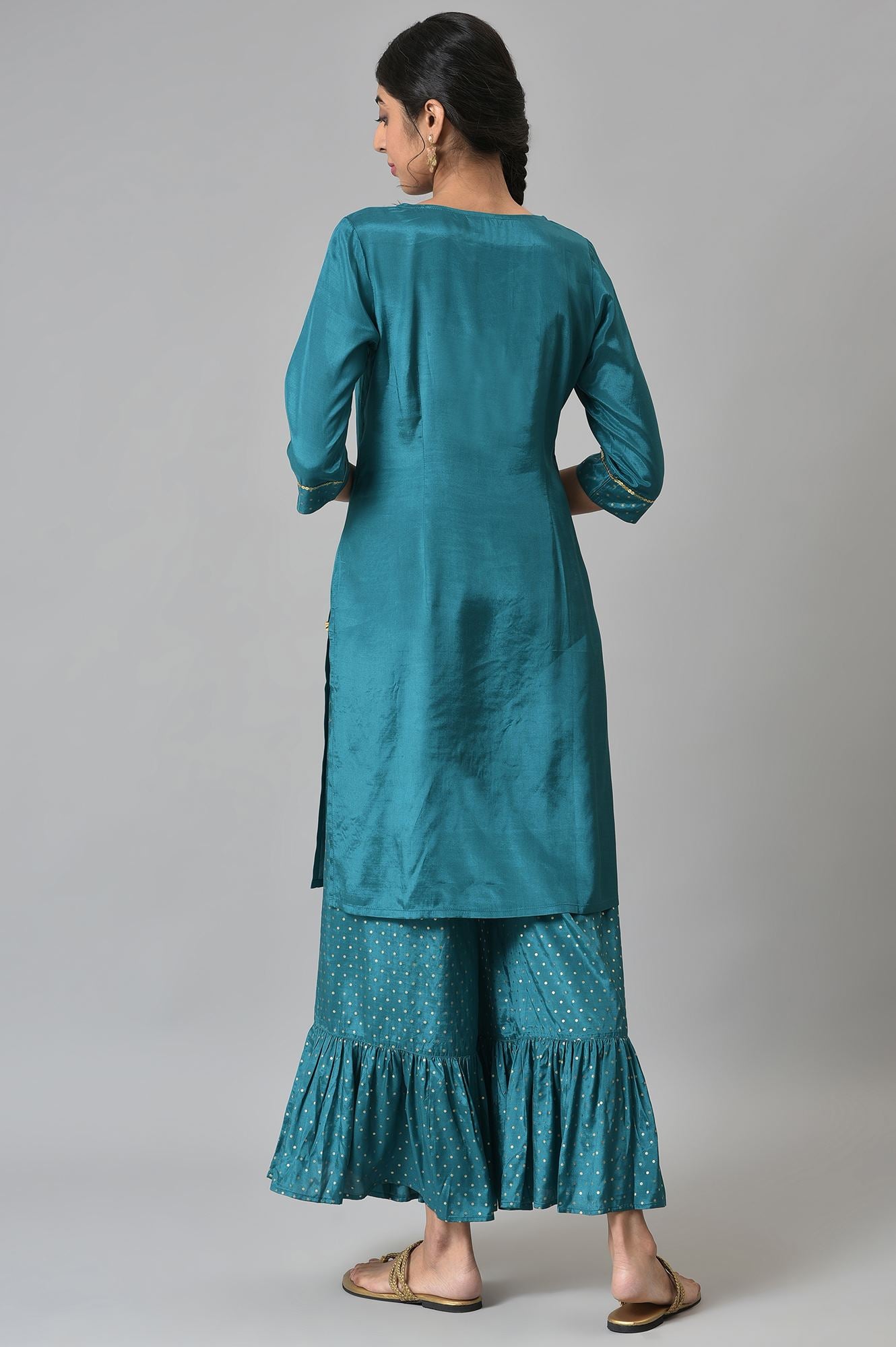 Green Shantung LIVA kurta with Gathered Sharara