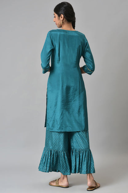 Green Shantung Liva Kurta With Gathered Sharara