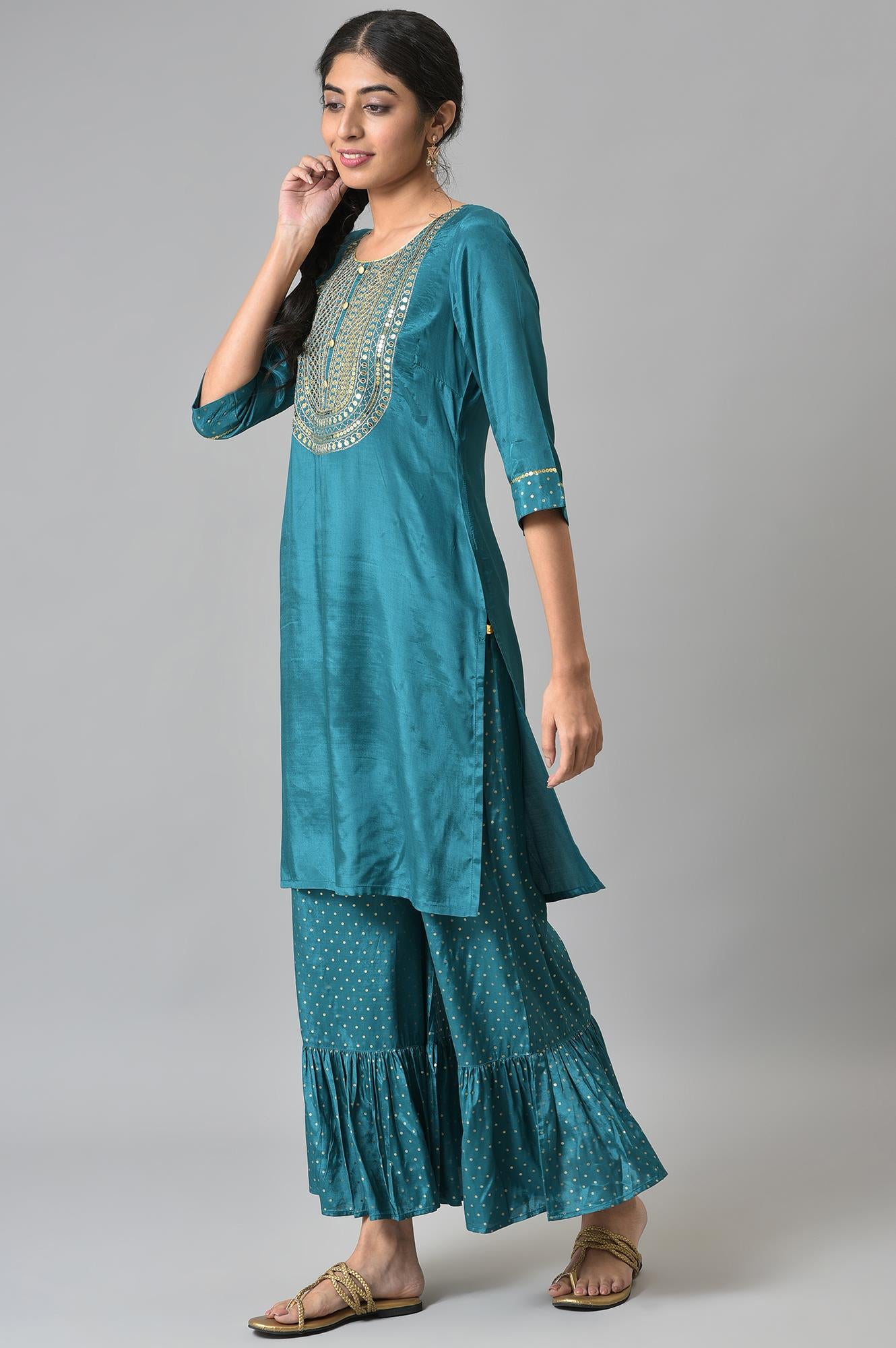 Green Shantung LIVA kurta with Gathered Sharara