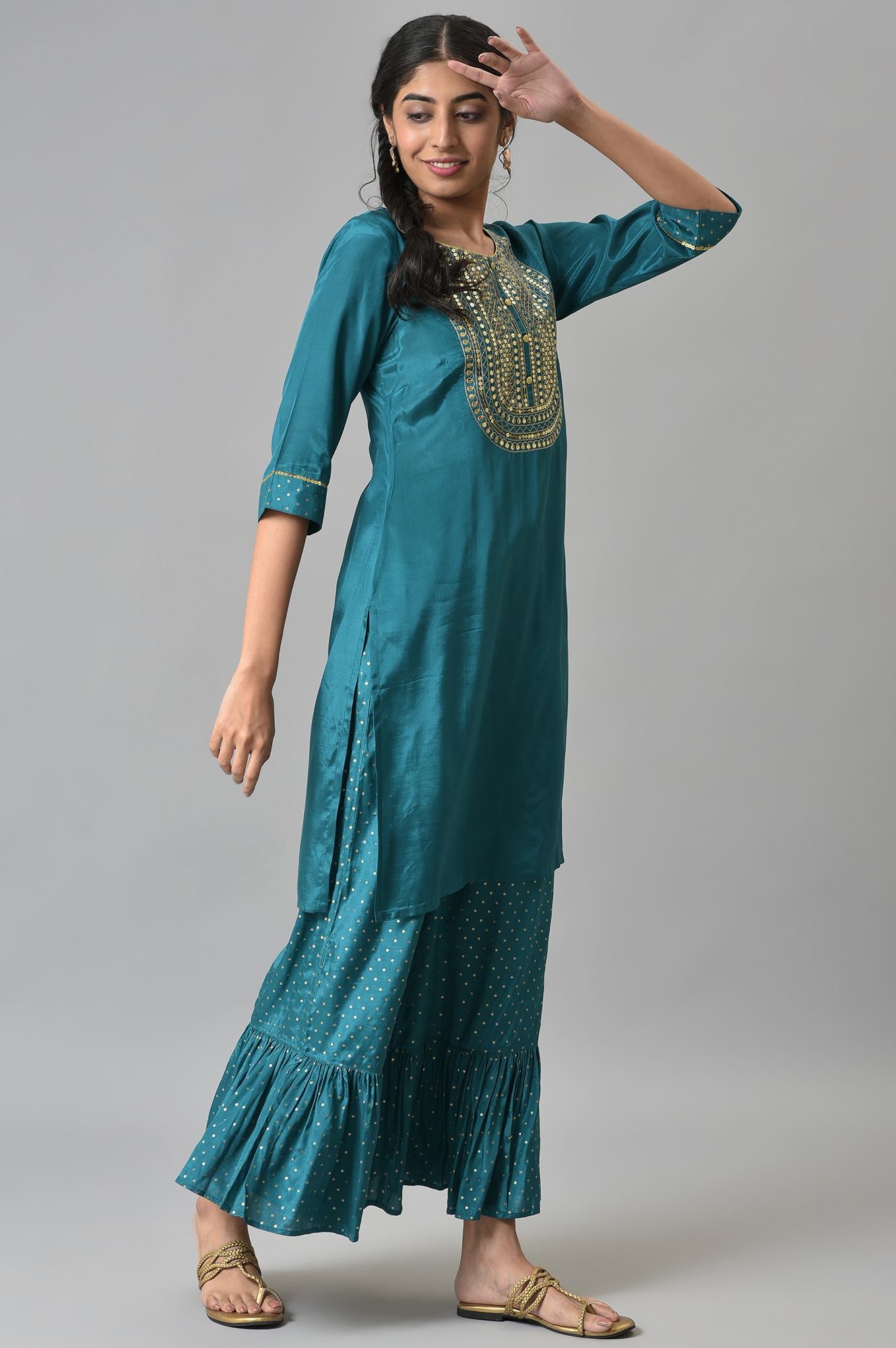 Green Shantung LIVA kurta with Gathered Sharara