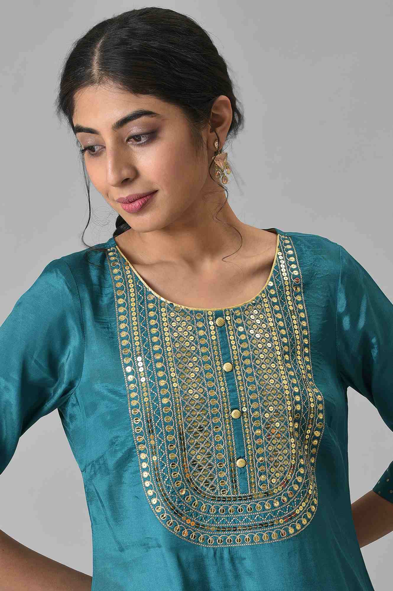 Green Shantung LIVA kurta with Gathered Sharara