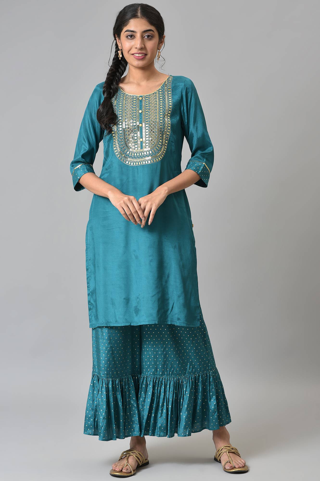 Green Shantung LIVA kurta with Gathered Sharara