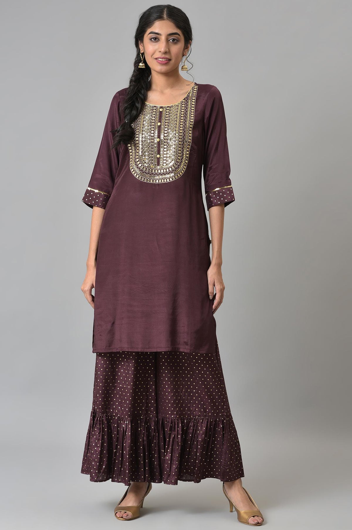 Brown Shantung LIVA kurta with Gathered Sharara - XS