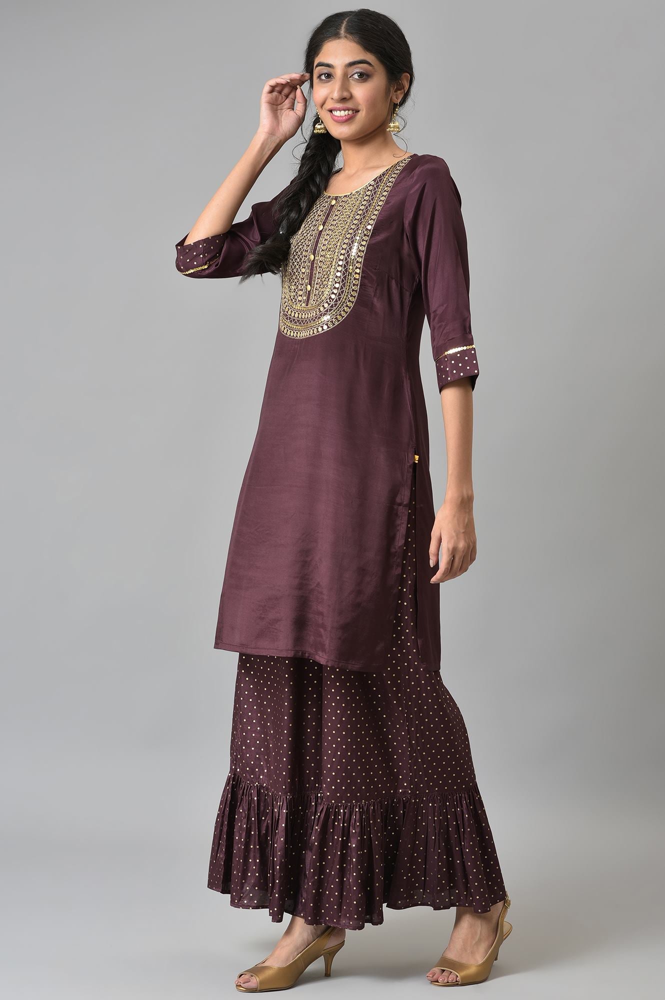 Brown Shantung LIVA kurta with Gathered Sharara