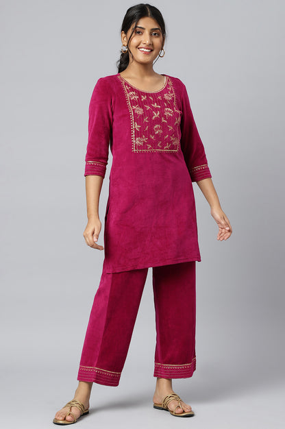 Maroon Embroidered kurta with Pants Set