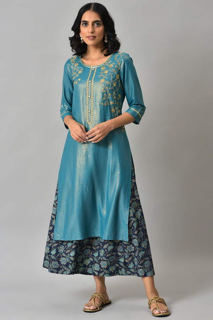 LIVA Blue Zari Embroidered kurta with Printed Culottes