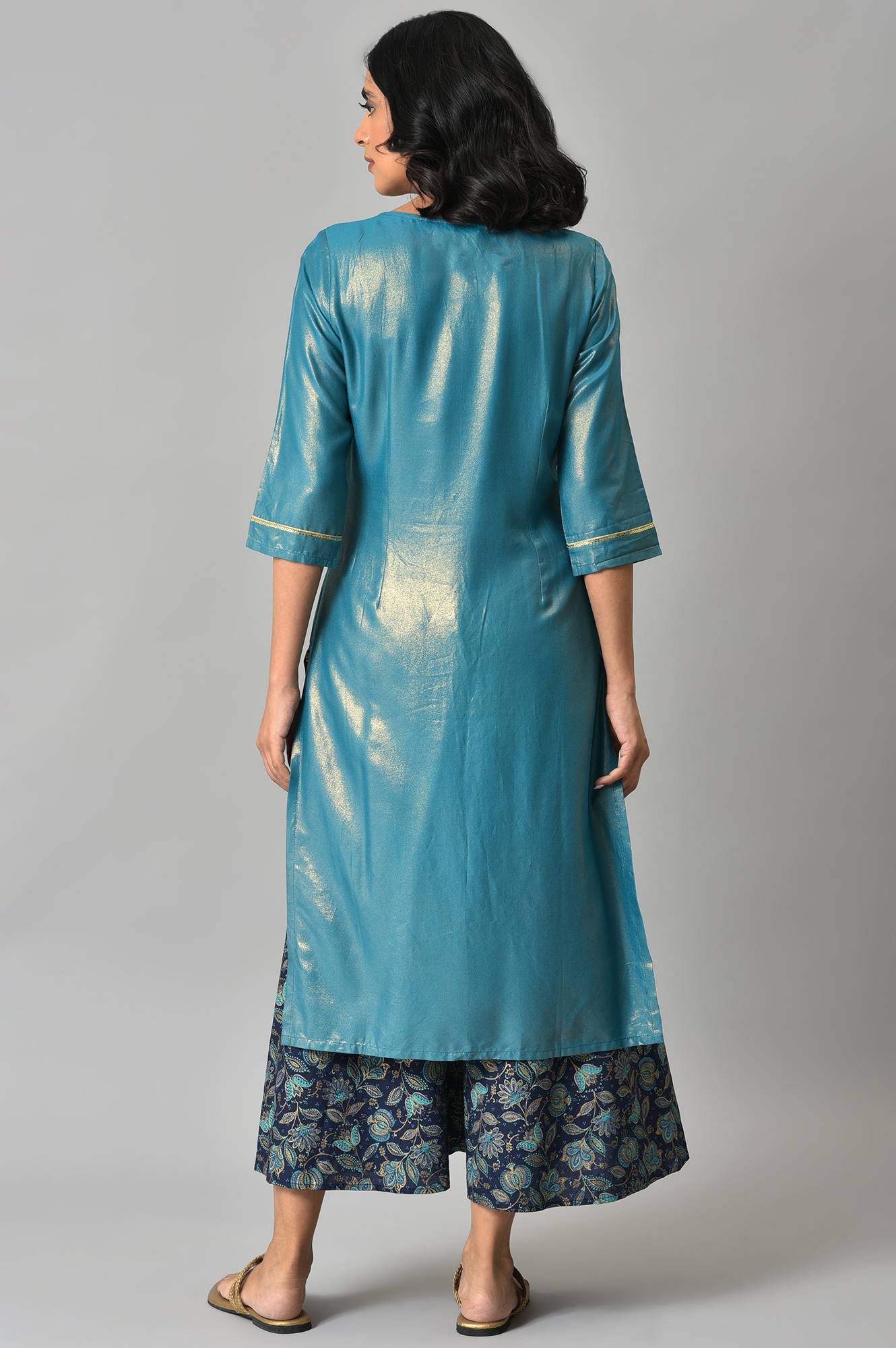 LIVA Blue Zari Embroidered kurta with Printed Culottes