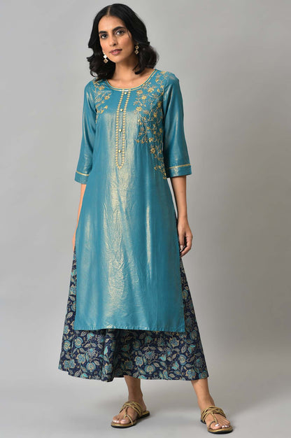 LIVA Blue Zari Embroidered kurta with Printed Culottes