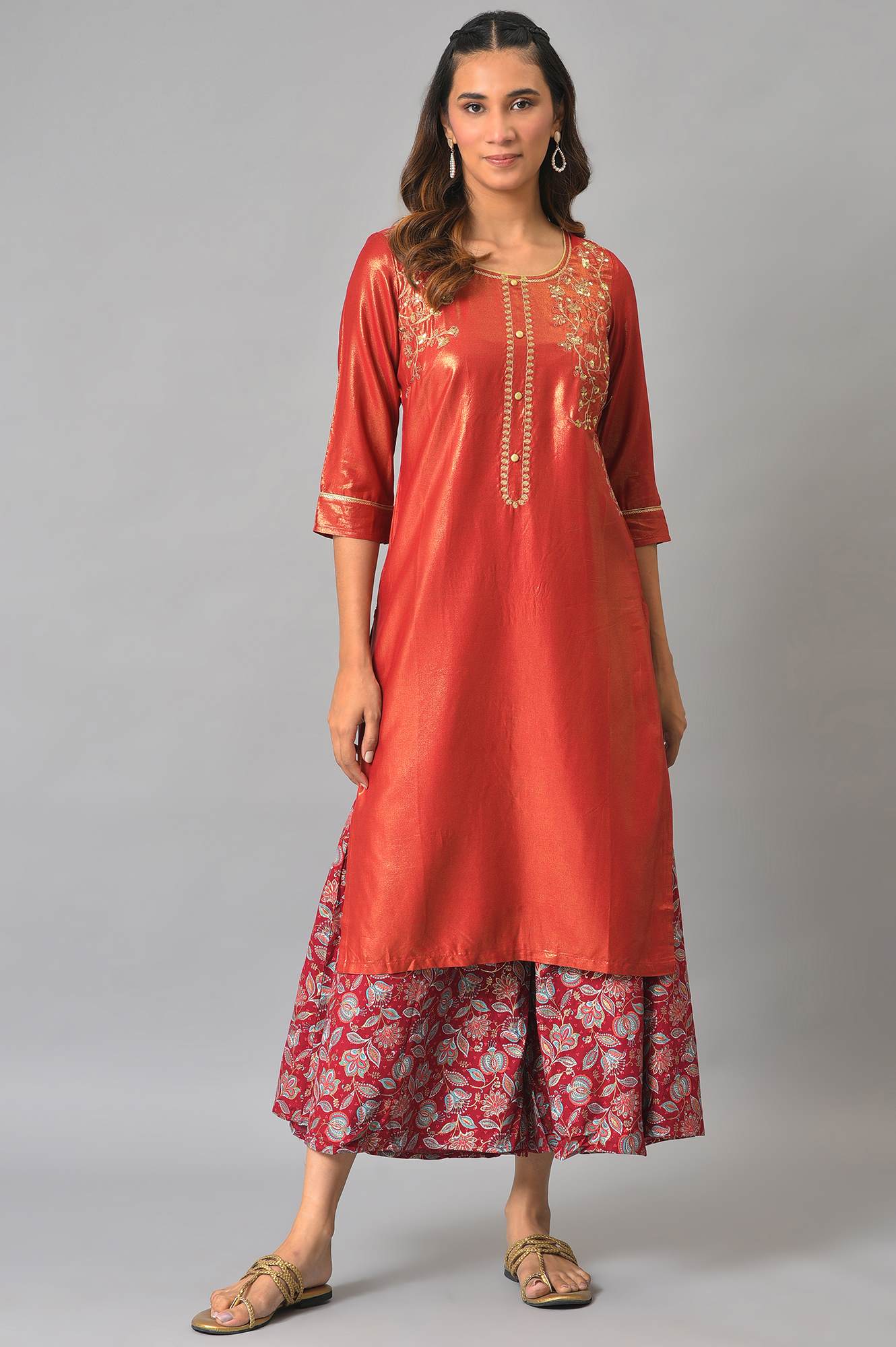 Liva Maroon Zari Embroidered Kurta With Printed Culottes