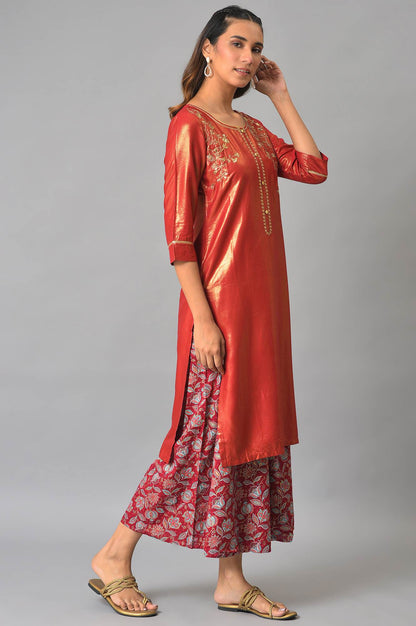 Liva Maroon Zari Embroidered Kurta With Printed Culottes