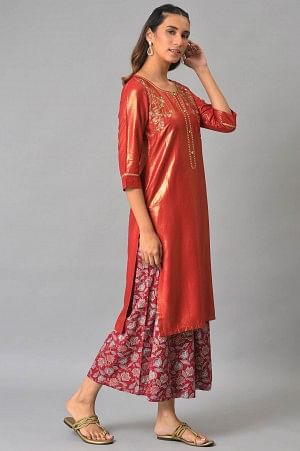 Liva Maroon Zari Embroidered kurta With Printed Culottes