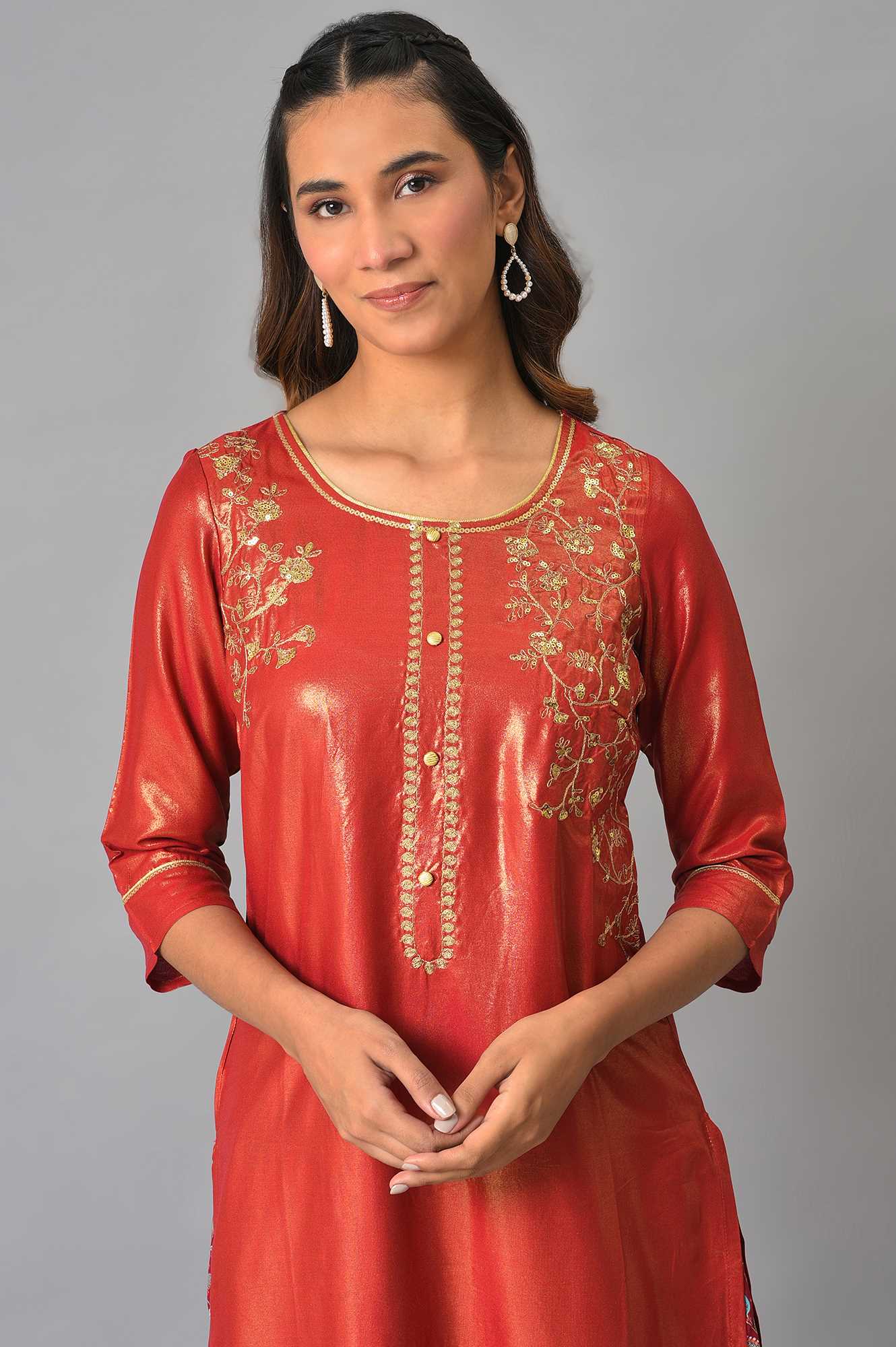 Liva Maroon Zari Embroidered Kurta With Printed Culottes