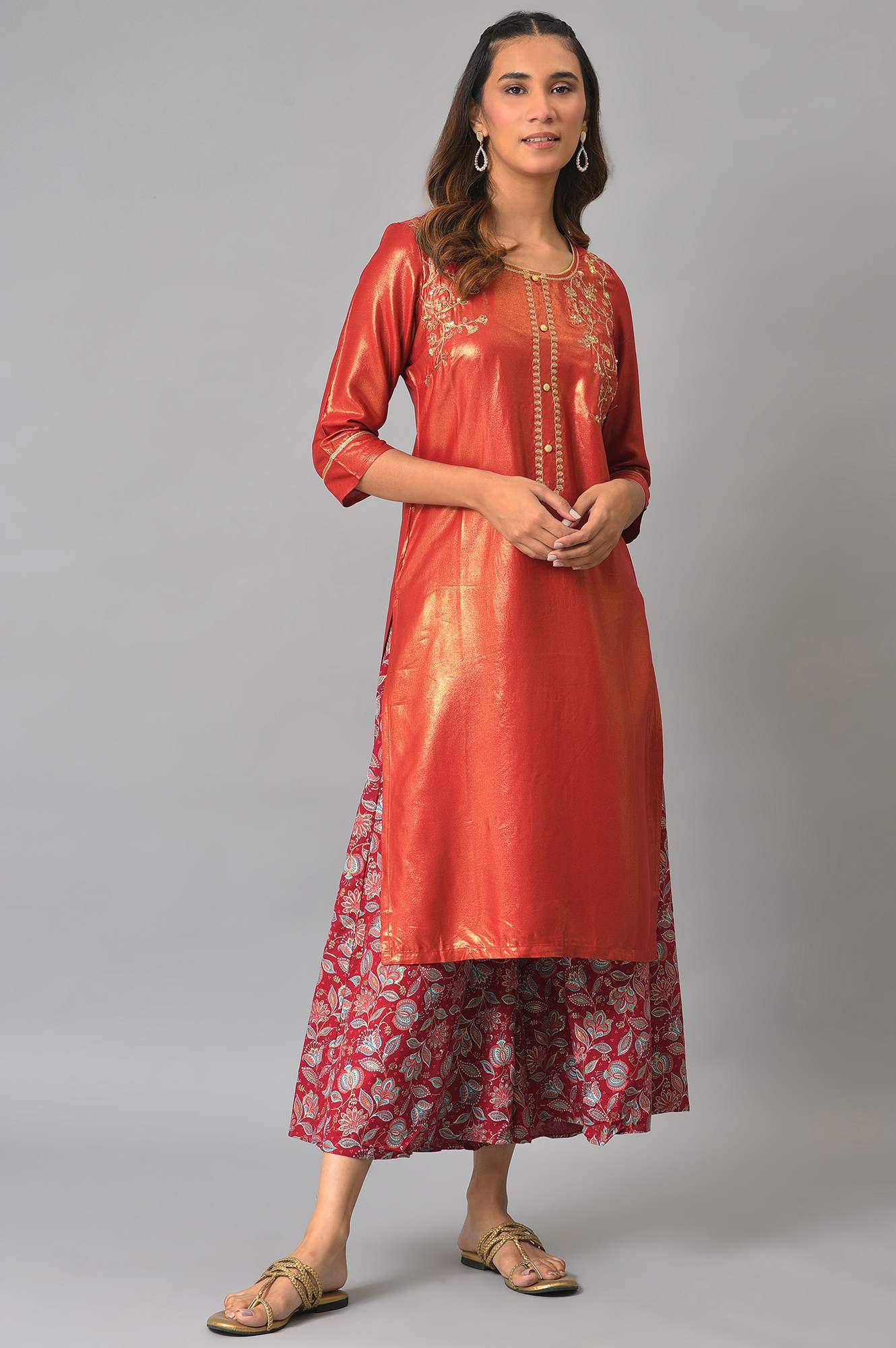 Liva Maroon Zari Embroidered Kurta With Printed Culottes