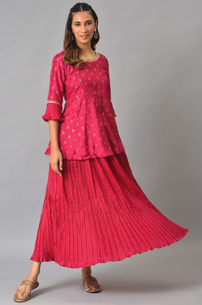 Pink Floral Printed kurta With Pleated Skirt