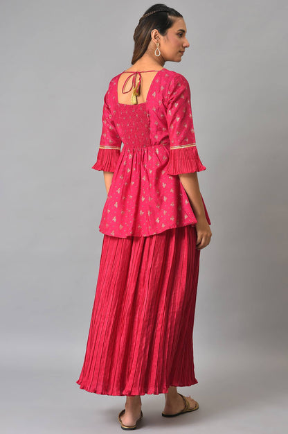 Pink Floral Printed kurta With Pleated Skirt