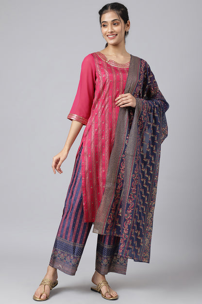 Pink Foil Printed kurta with Blue Parallel Pants and Dupatta