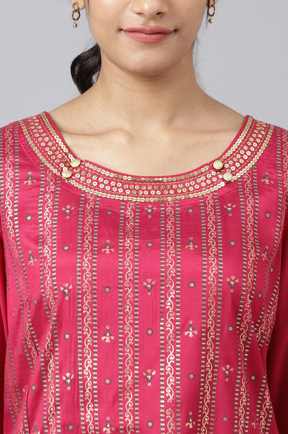 Pink Foil Printed kurta with Blue Parallel Pants and Dupatta