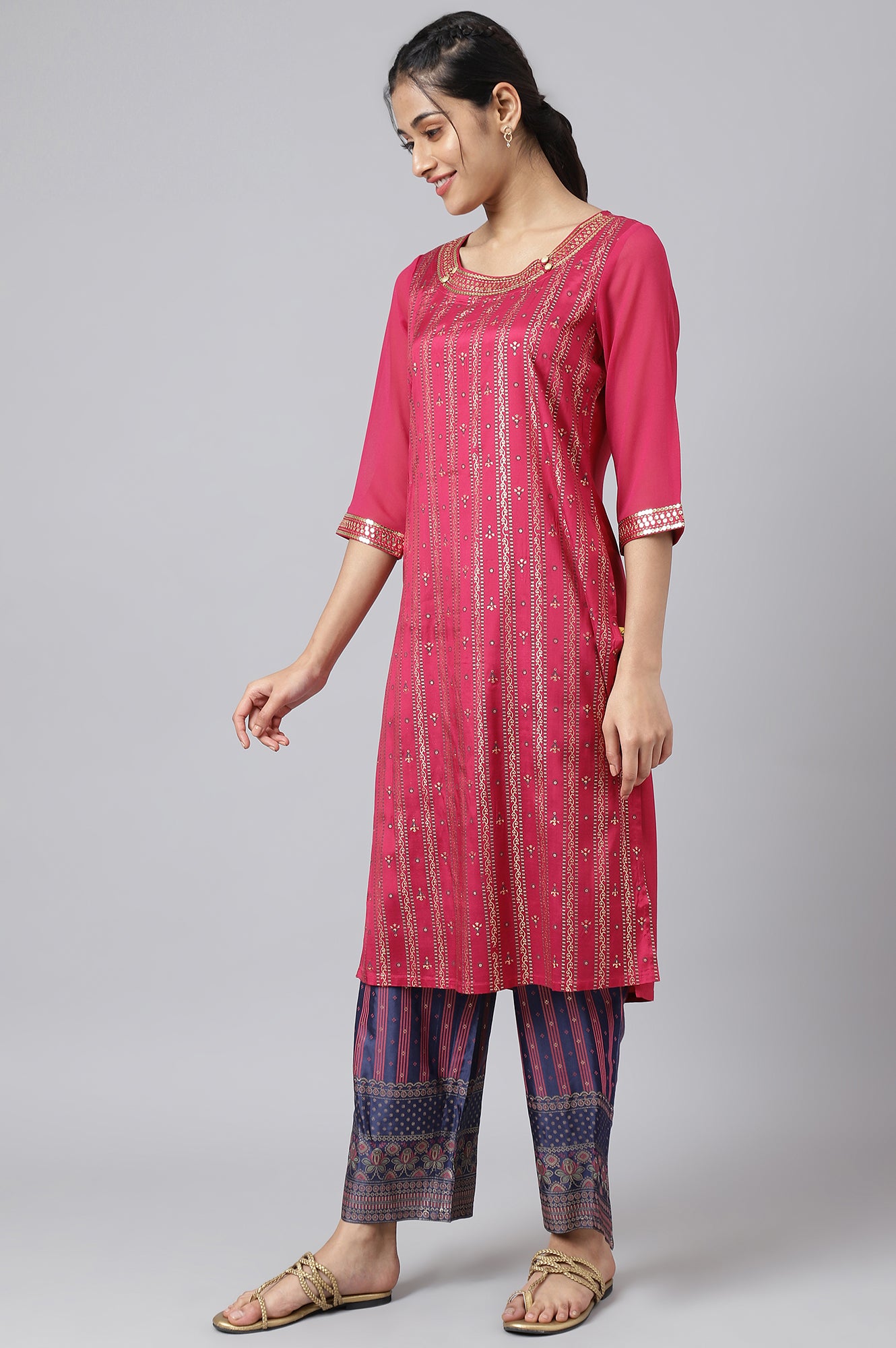 Pink Foil Printed kurta with Blue Parallel Pants and Dupatta