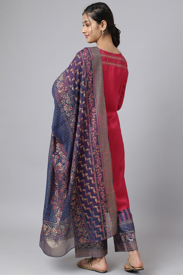 Pink Foil Printed kurta with Blue Parallel Pants and Dupatta