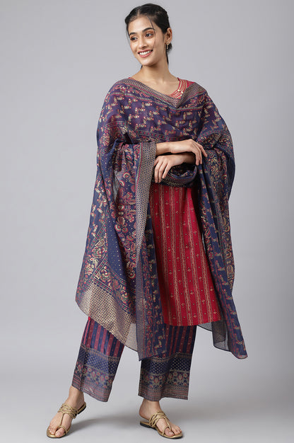 Pink Foil Printed kurta with Blue Parallel Pants and Dupatta