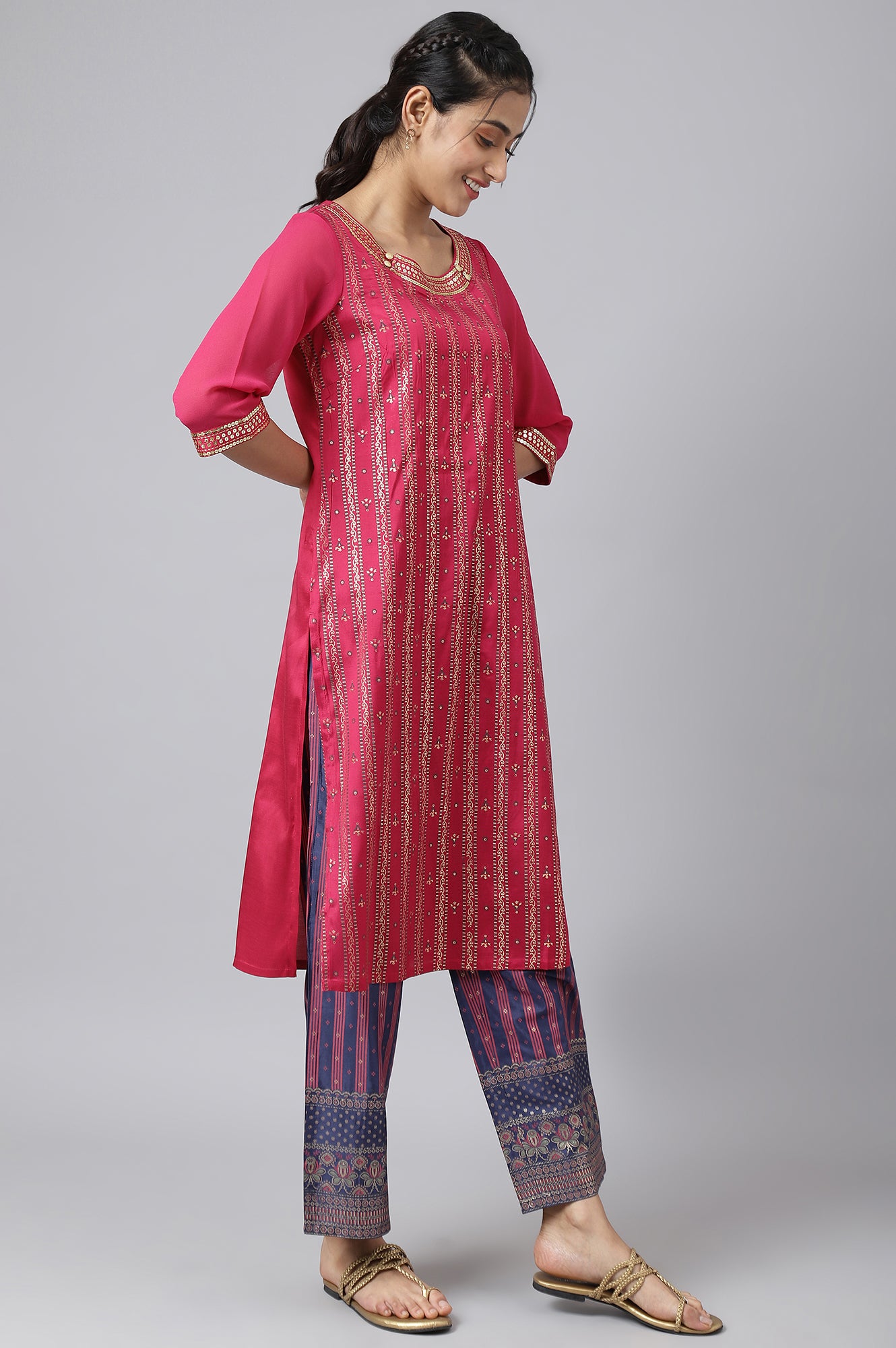 Pink Foil Printed kurta with Blue Parallel Pants and Dupatta